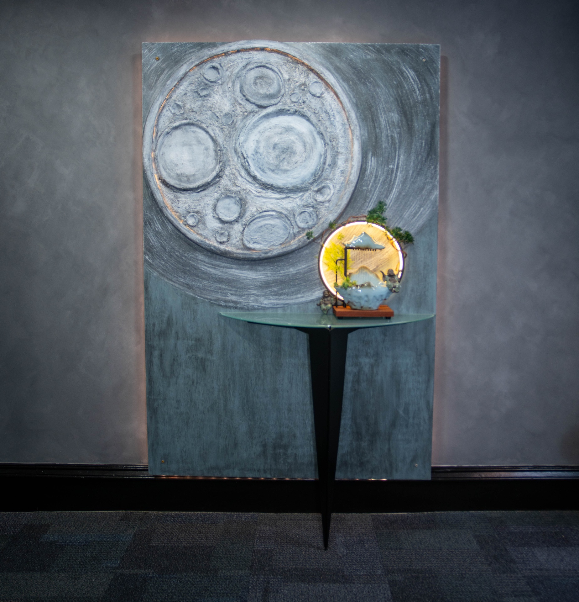 Alternate angle of the moon and pagoda art installation