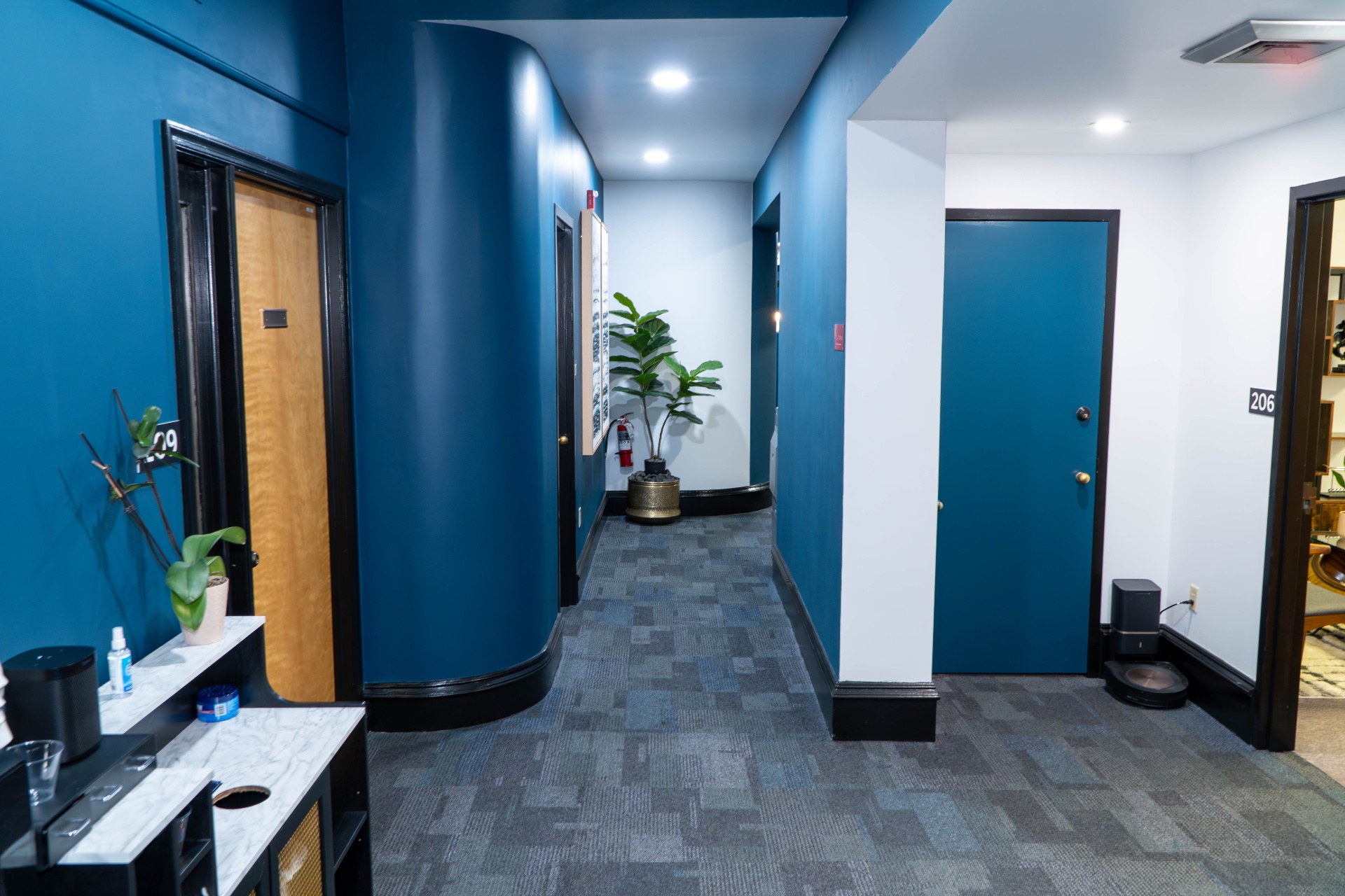 Suite corridor showing curved walls and patterned carpet tile