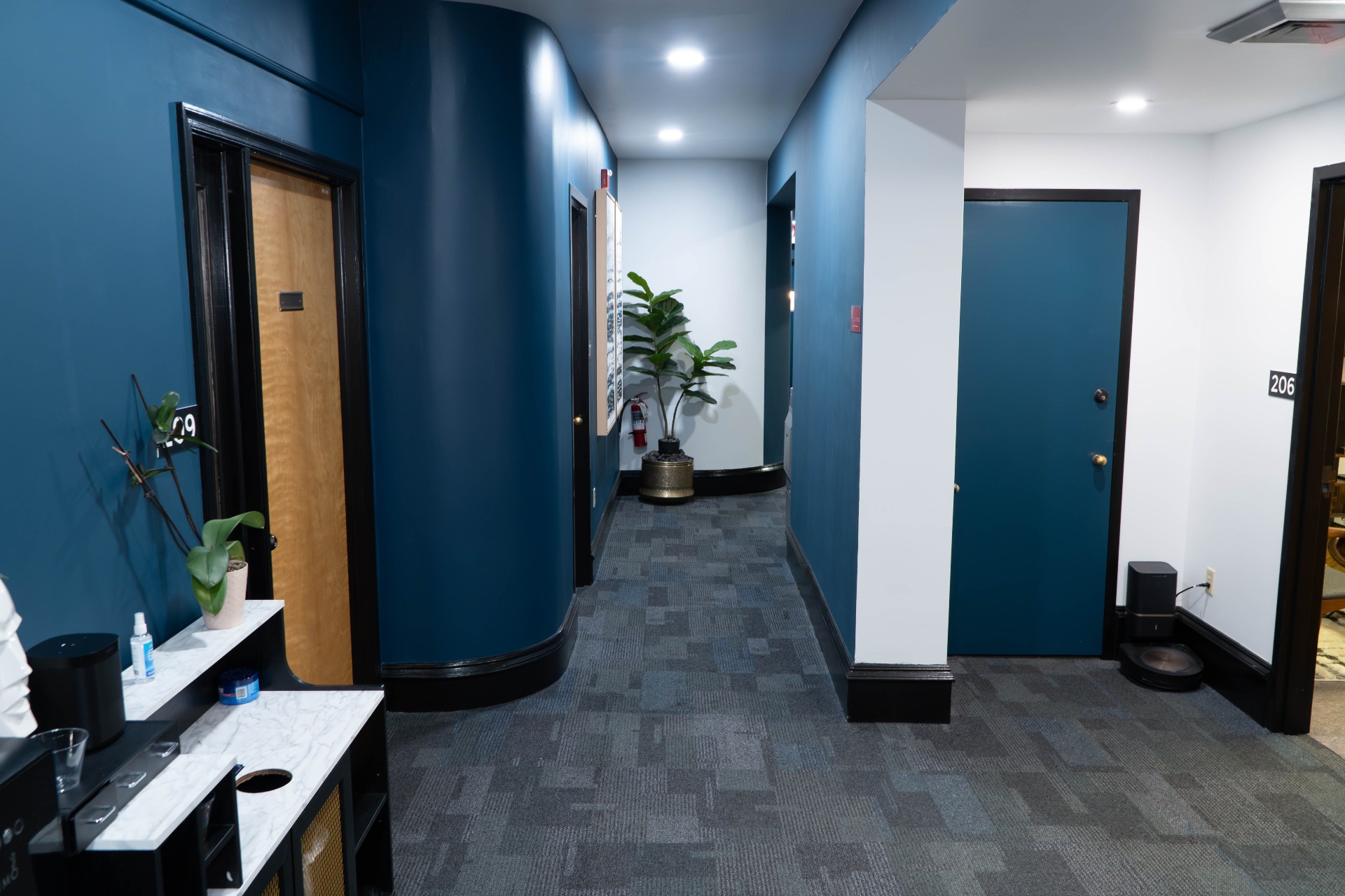 Hallway view toward suite 206 with layered blue tones